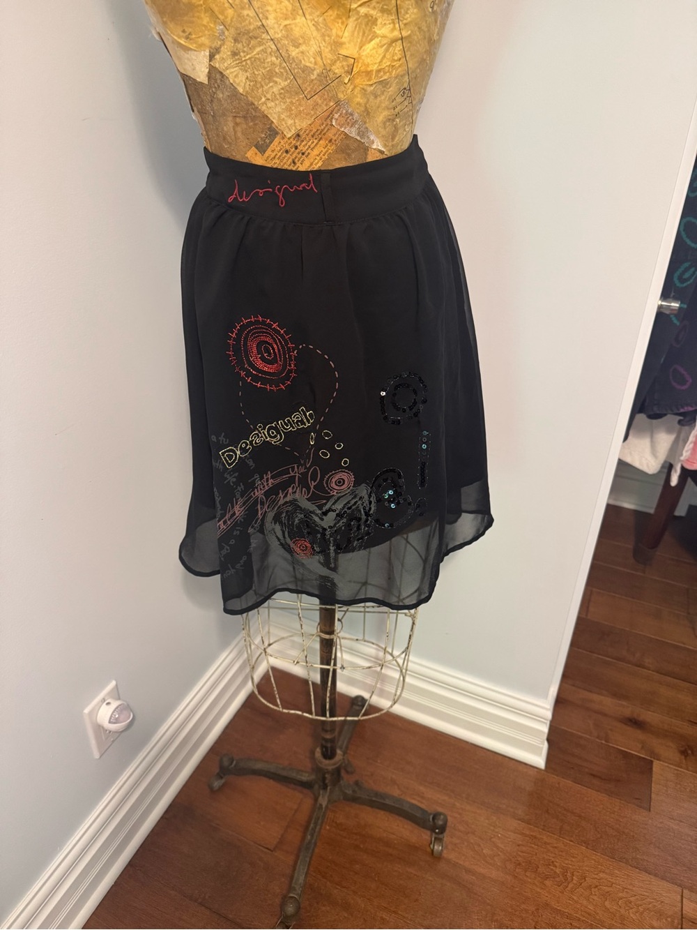 Desigual Black Mini Skirt with Pink & Blue Embroidery
